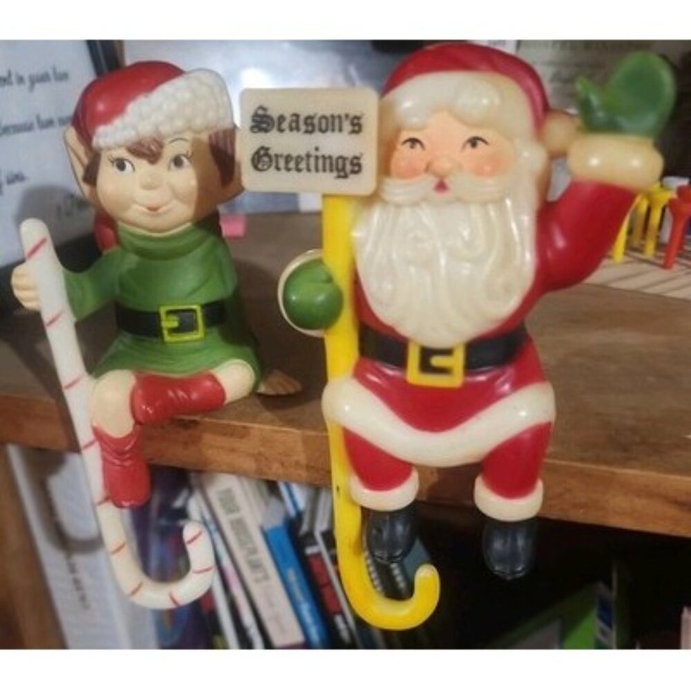 Vintage Christmas Santa Elf Shelf Sitters, Candy Canes molded plastic